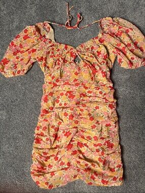 Floral Tie-Front Puff Sleeve Mini Dress in Red and Yellow